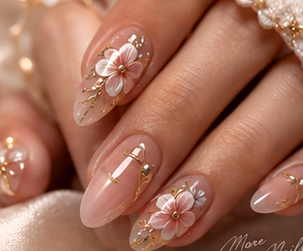 Ilustrasi nail art warna nude dengan hiasan bunga